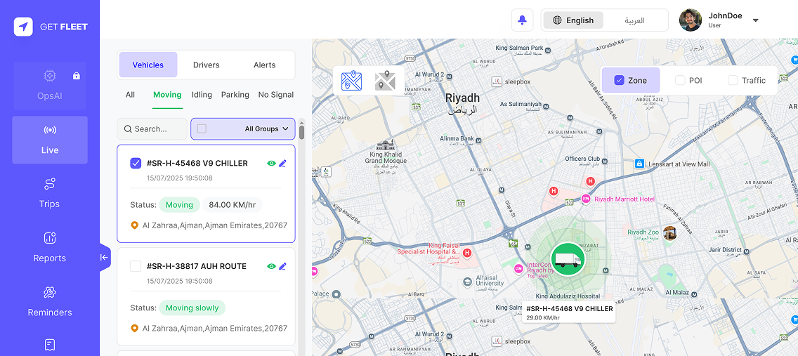 GetFleet Dashboard — Live vehicle tracking with map view