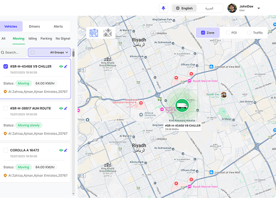 Fleet monitoring dashboard showing map and vehicle details